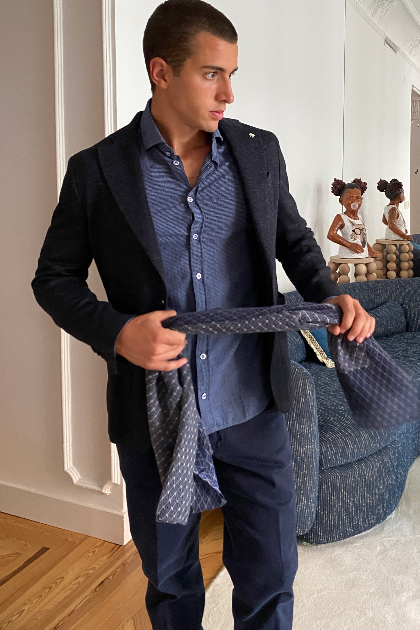 Alley Docks Fular de estampado geométrico gris y azul