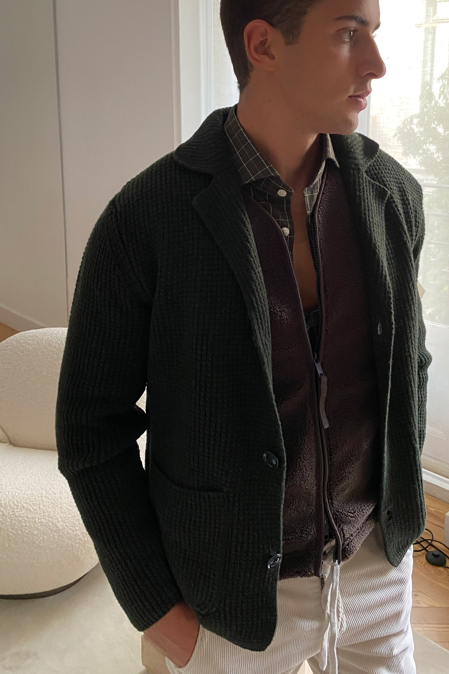 Wool & co Cardigan de lana verde y punto grueso